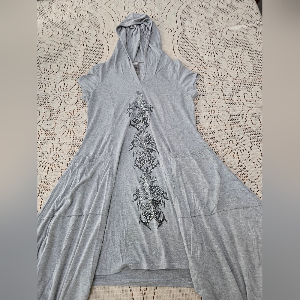 S-Twelve Gray Hooded Tunic Dress with Logo Tag